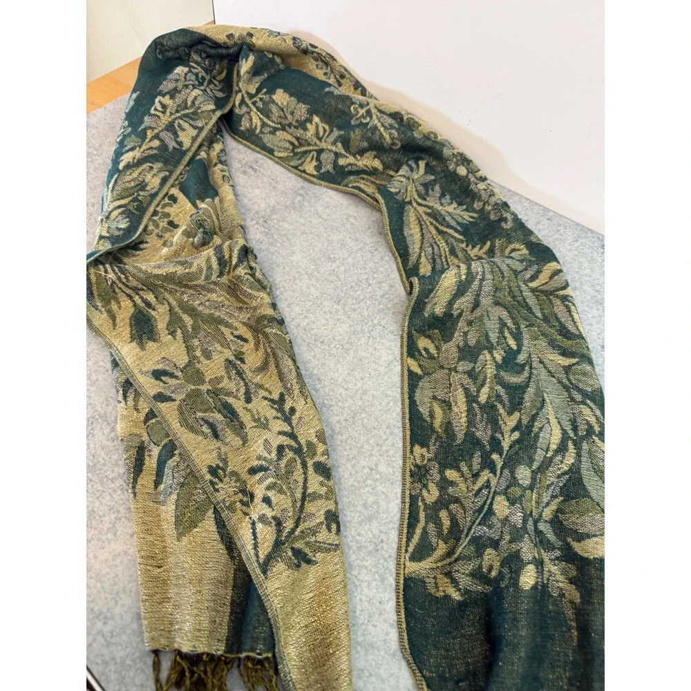 Vintage Floral Tapestry Scarf Table Runner Green Gold Damask Woven Fringe Large